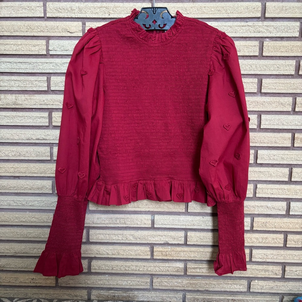FARM Rio Women's Red 3D Hearts Top - NWT - Large - Size 8 - 10 - Smocked Blouse